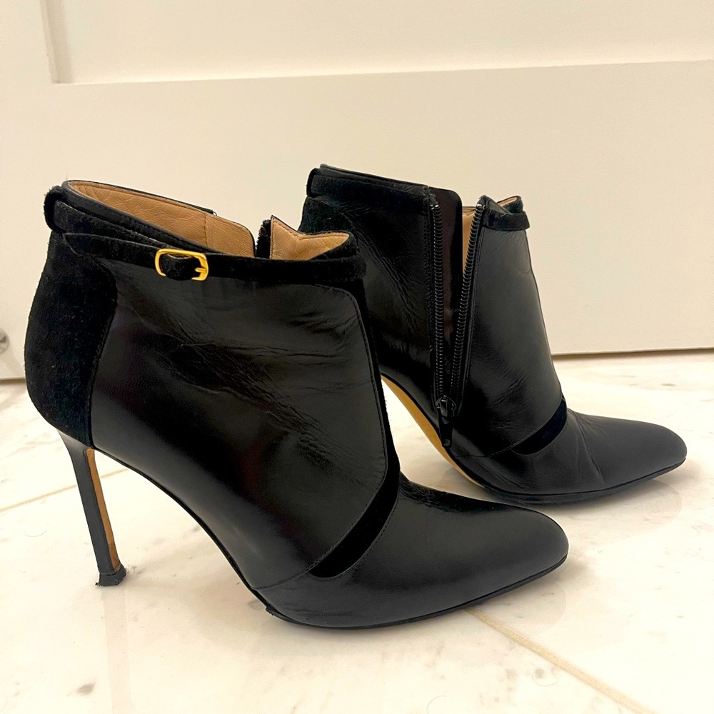 Manolo Blahnik mixed media heeled booties with buckle